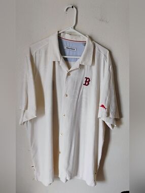 Tommy Bahama Boston Red Cream Short-Sleeve Button-Down Shirt with Red Embroidery